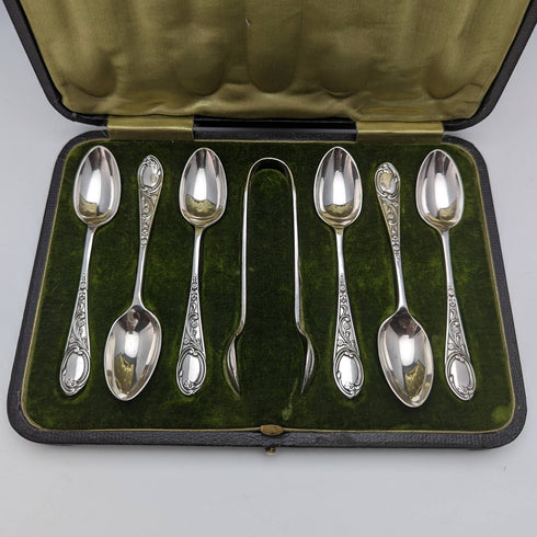 6 English antique silver plated teaspoon & tongs set in case
